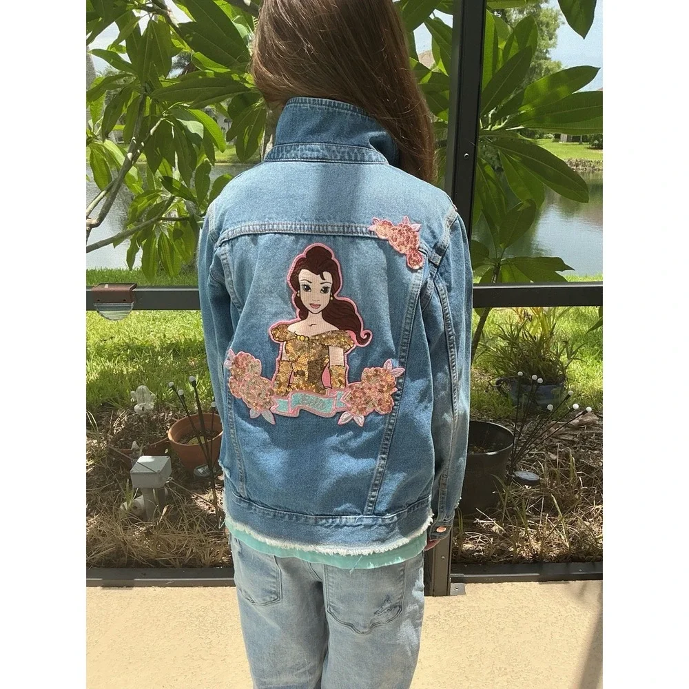 Disney Belle Beauty & The Beast Girls Distressed Denim Jacket 11-12 Sequins